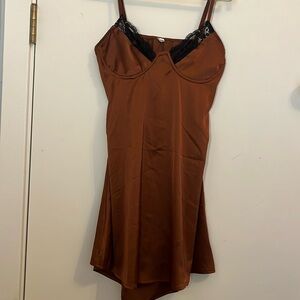 Brown slip dress with black lace